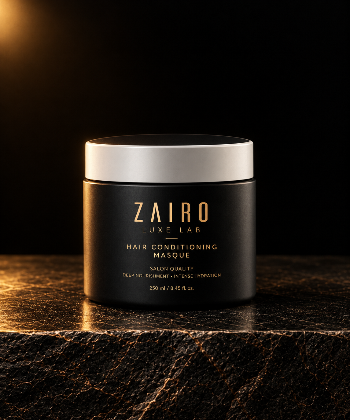 The Zairo Hair Conditioning Masque jar on dark marble in warm light