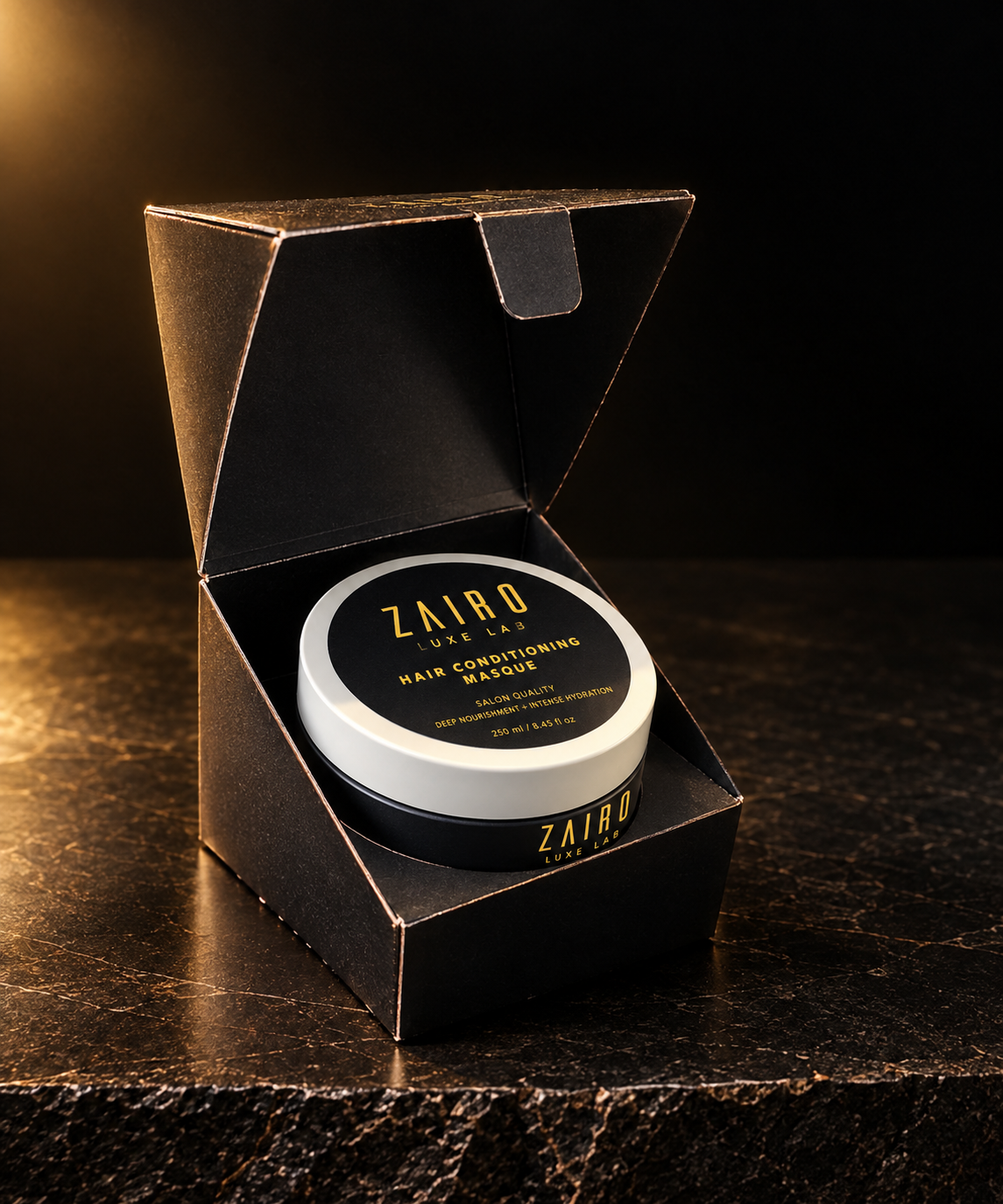 Zairo Hair Conditioning Masque in its black gift box with gold lettering